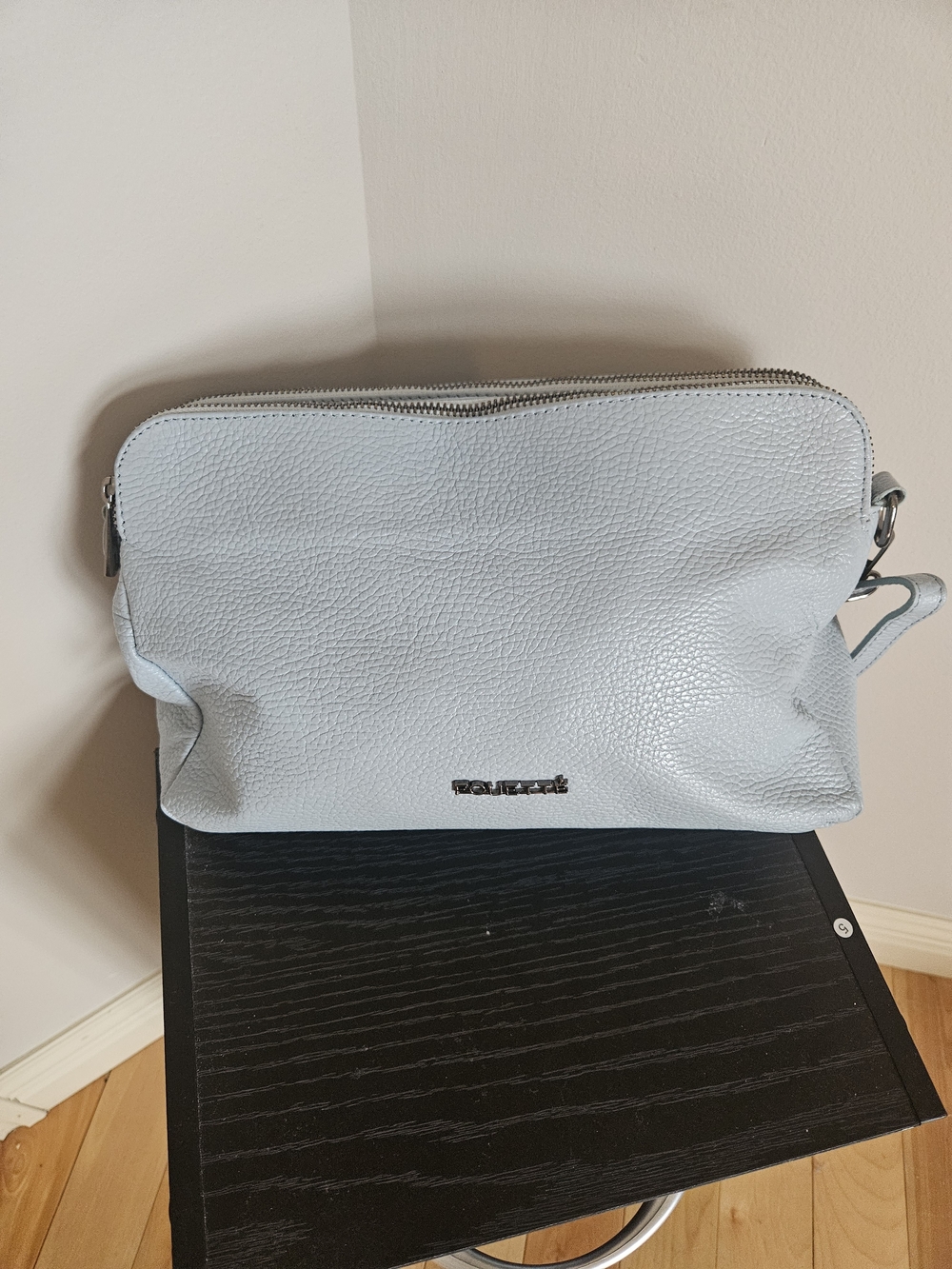 Light Blue Pebbled Leather Toiletry Bag with Top Zip